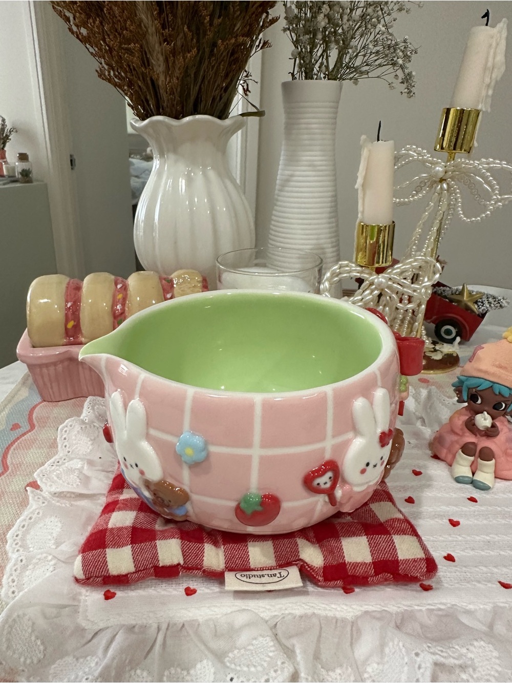 Handmade Cute Pink Bunny Ceramic matcha Bowl with Green Interior
